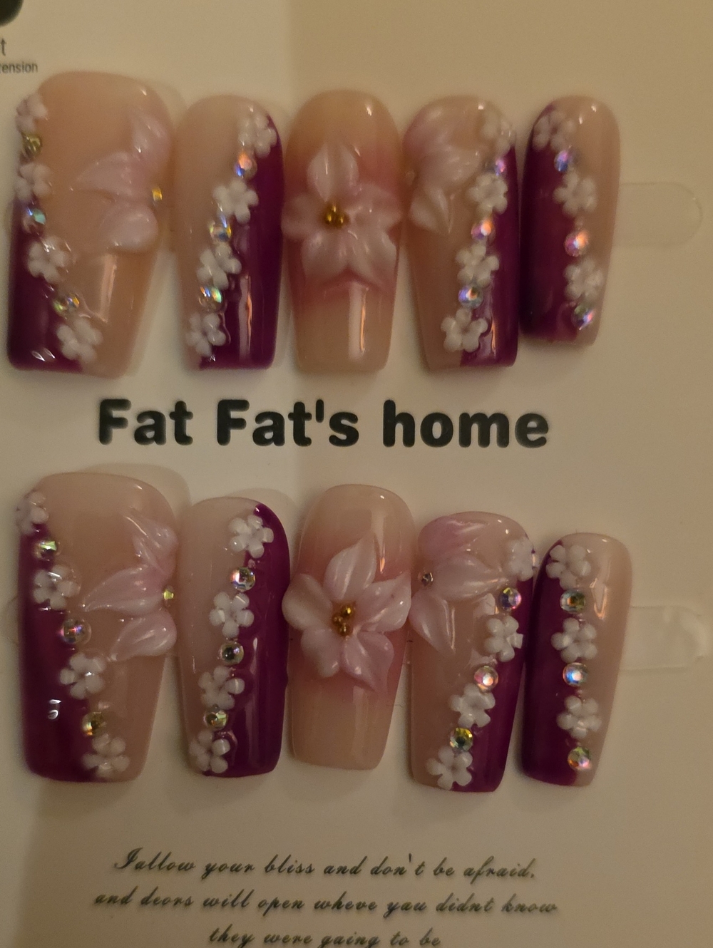 Floral 3D Pink & Purple Press-On Nail Set Of 10 Nails Size Med